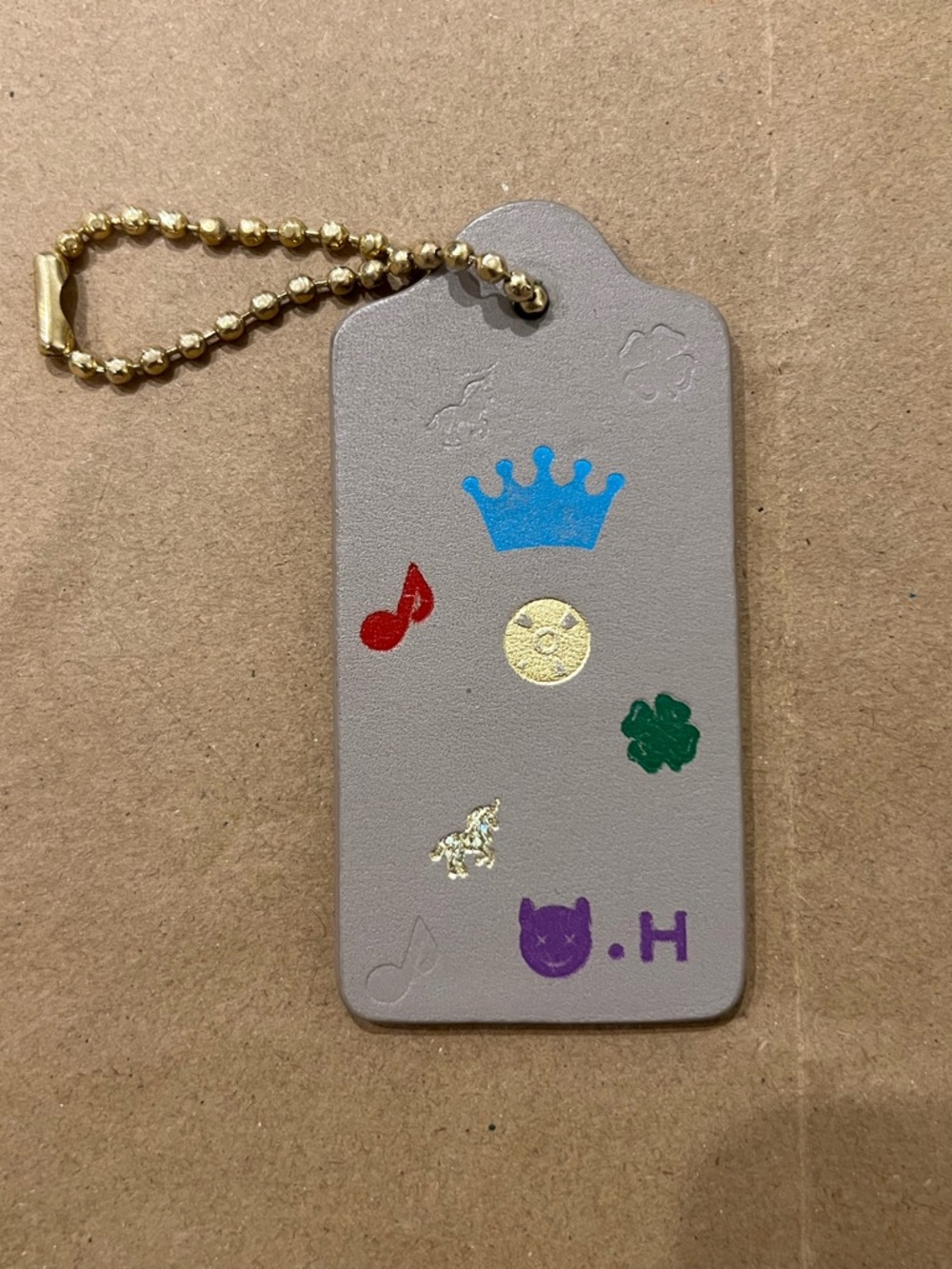 Coach Grey Leather Hangtag Bag Charm Colorful Icon Prints & Letter “H”